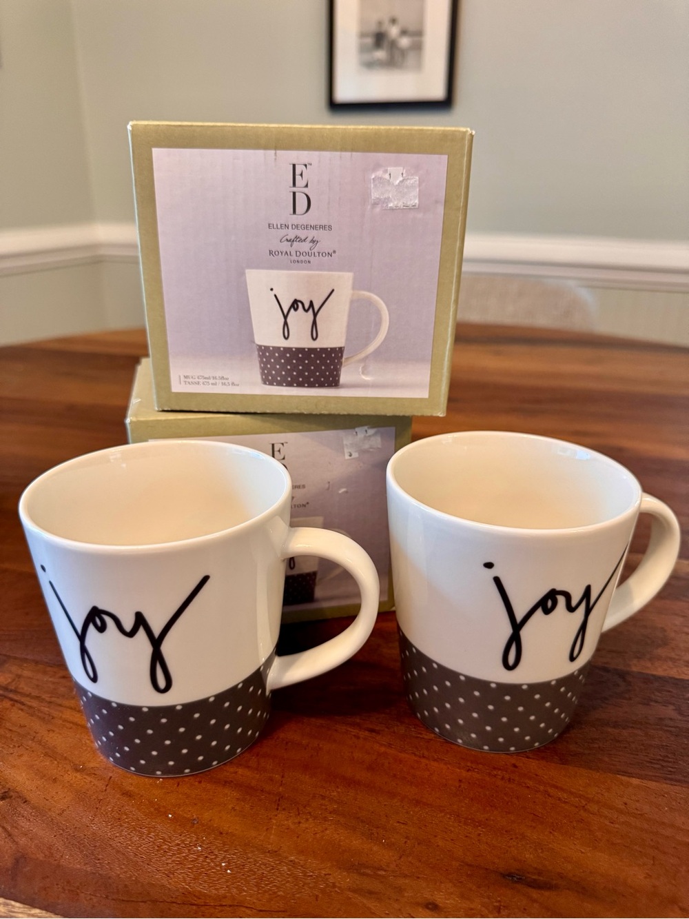2 Royal Doulton London ED Ellen Degeneres JOY Coffee Mugs Gray PolkaDot 15oz NIB